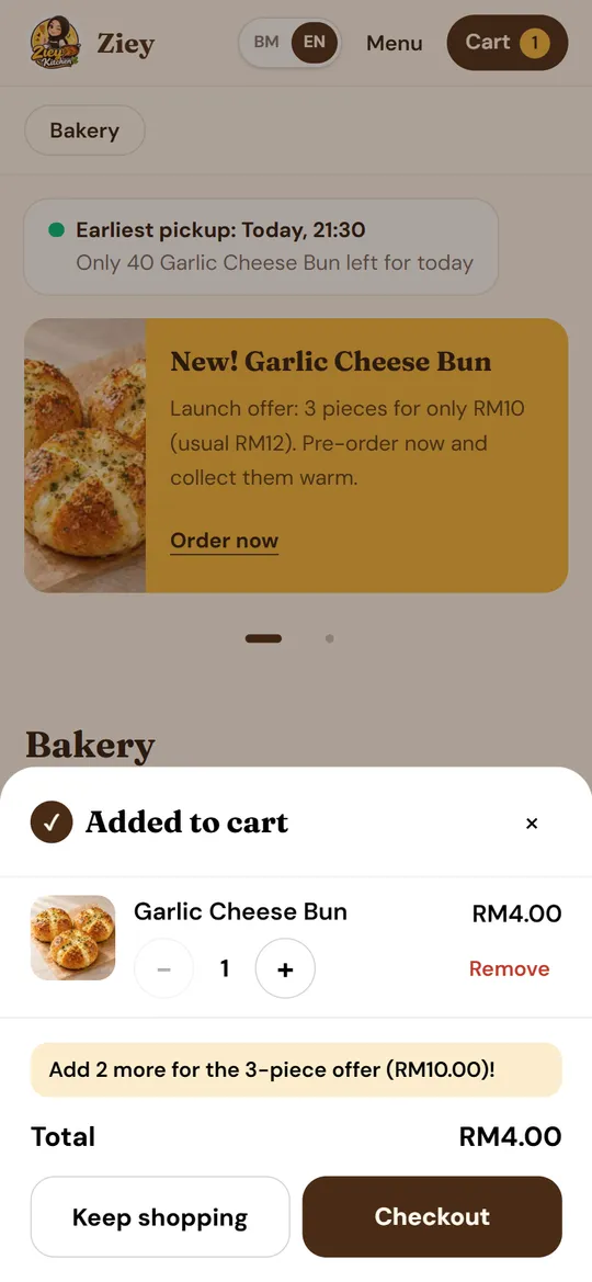 Customer adding Garlic Cheese Buns to the cart